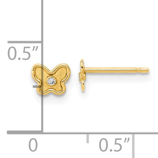 Pendientes de Botón de Oro Amarillo de 14k Pulido y Satinado con Mariposa y Circonitas Cúbicas (CZ) - Madi K