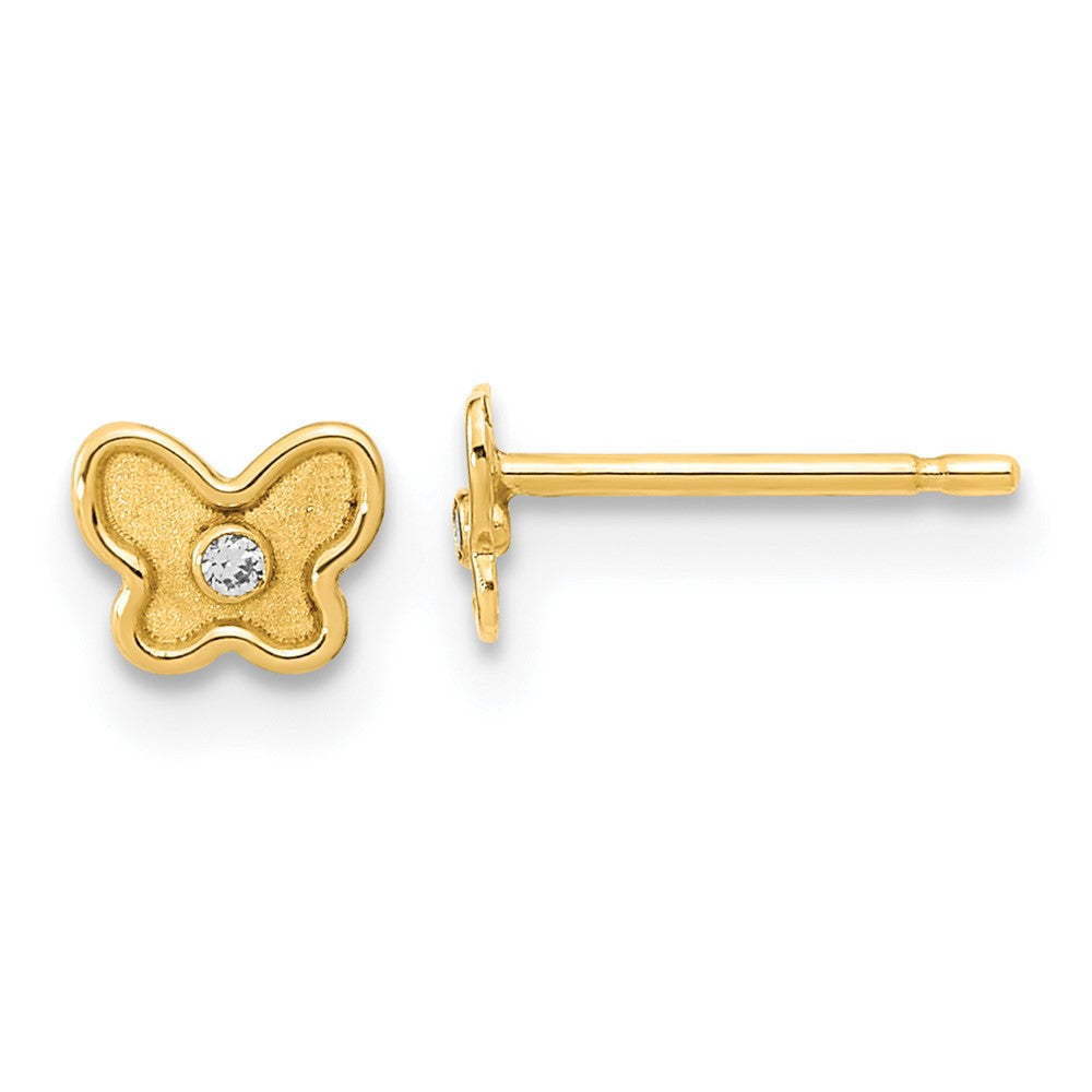 Pendientes de Botón de Oro Amarillo de 14k Pulido y Satinado con Mariposa y Circonitas Cúbicas (CZ) - Madi K