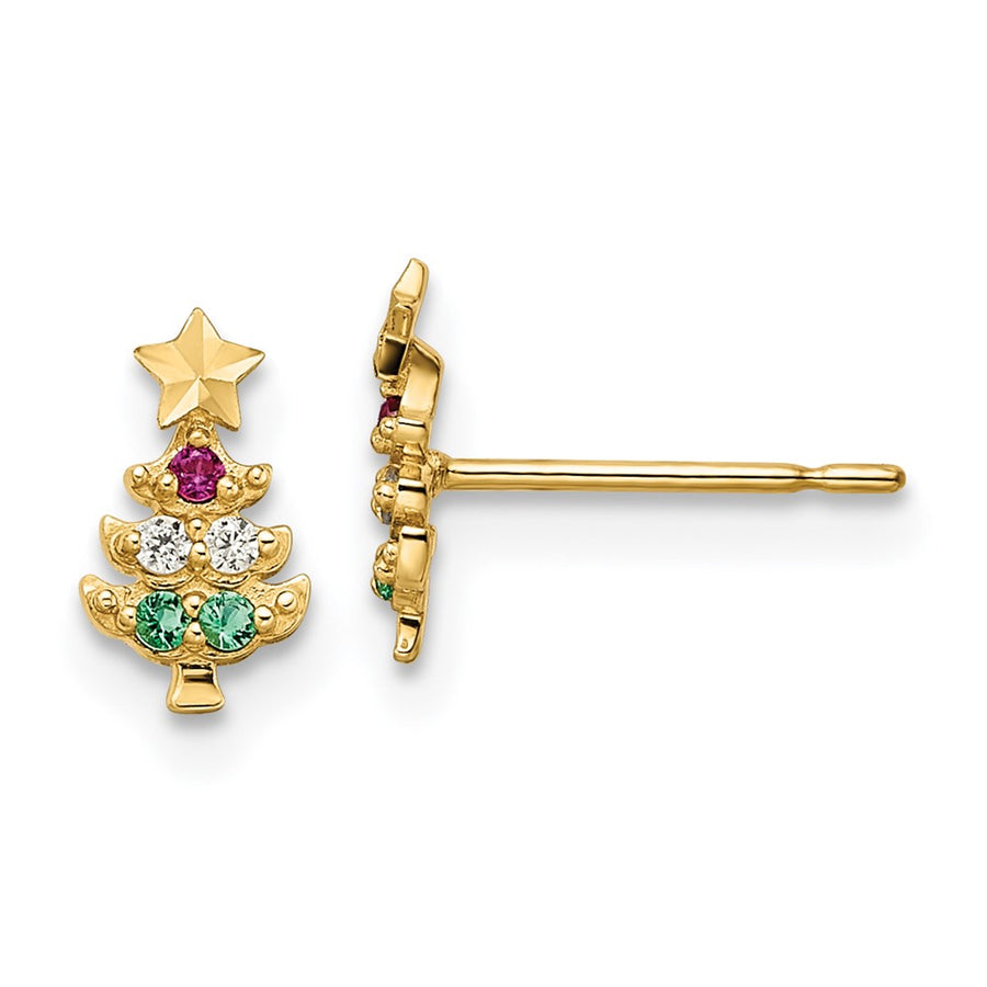 Pendientes de Árbol de Navidad Madi K con CZ Rojos y Transparentes y Vidrio Verde en Oro de 14k