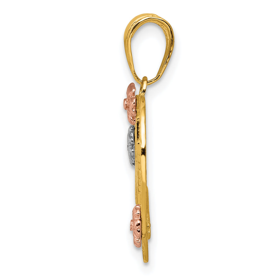 Colgante de Corazón con Flores "NANA" en Oro Tri-color de 14K