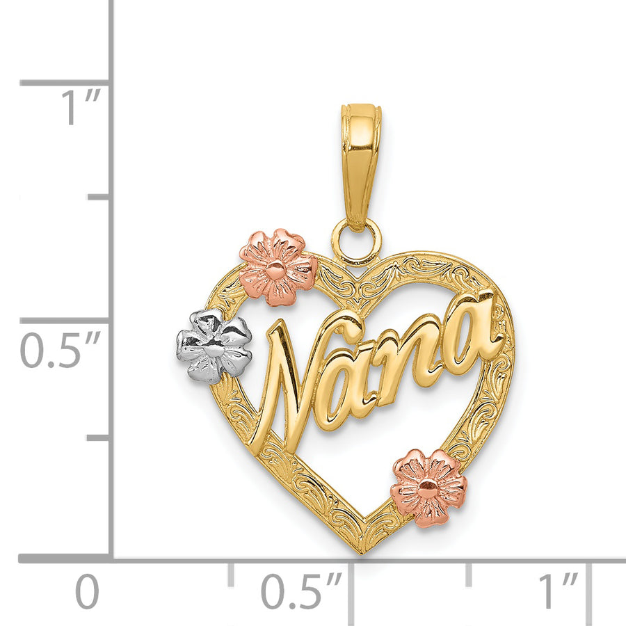 Colgante de Corazón con Flores "NANA" en Oro Tri-color de 14K