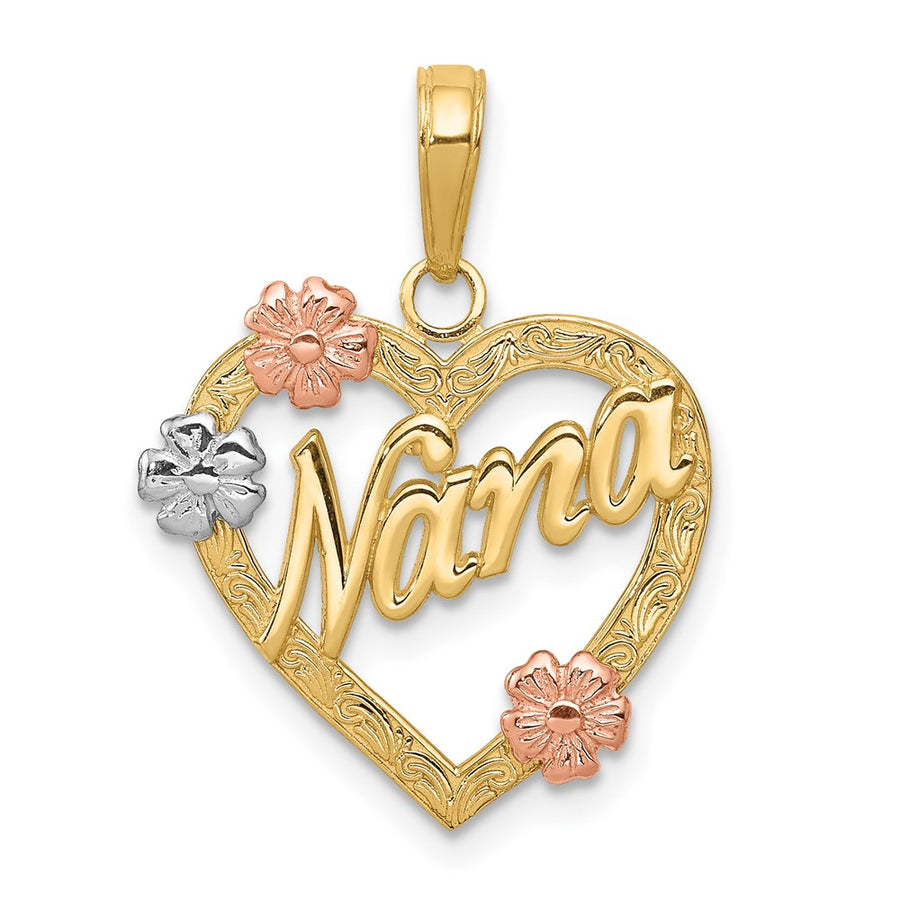 Colgante de Corazón con Flores "NANA" en Oro Tri-color de 14K