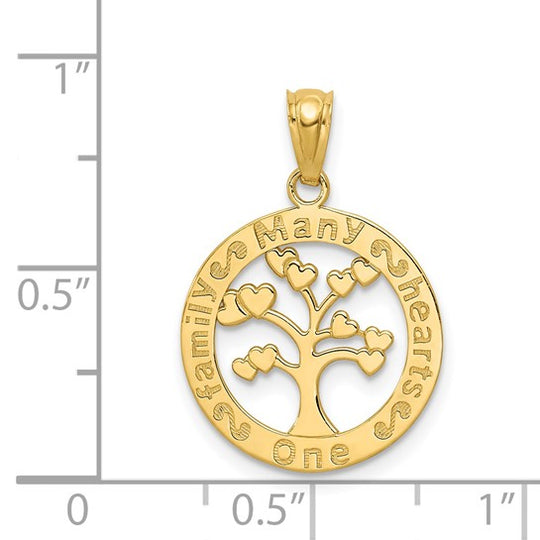 Colgante de Árbol "Una Familia Muchos Corazones" en Oro Pulido de 14K