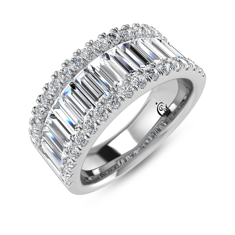 Diamante cultivado en laboratorio, redondo y baguette, de oro blanco de 14 quilates, 3 qt. total. Alianza de boda