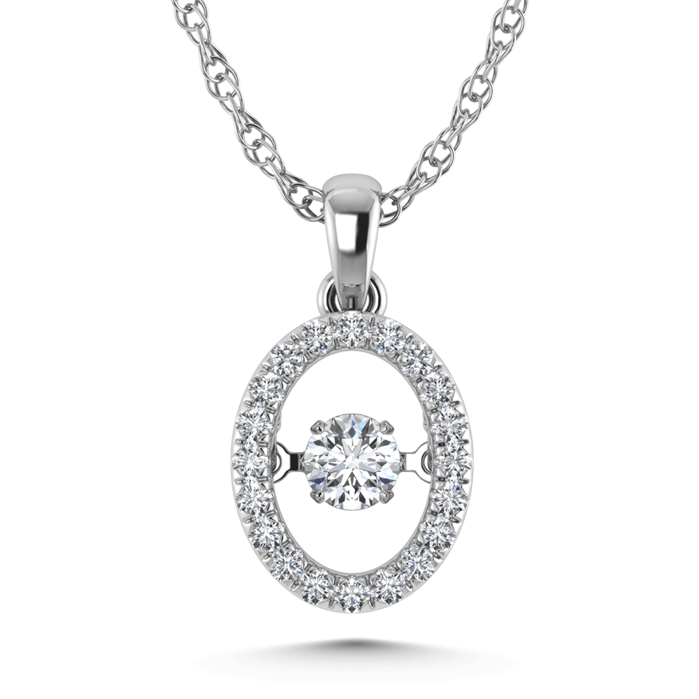 1/3 carat total lab-grown diamond in 10k white gold. Oval halo pendant.