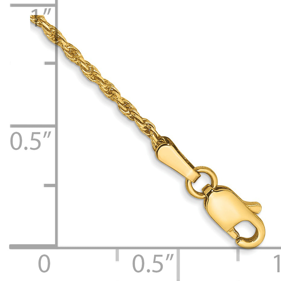 Tobillera 14K 9 Pulgadas 1.3mm Rope Sólida Hecha a Máquina con Corte de Diamante y Cierre de Langosta