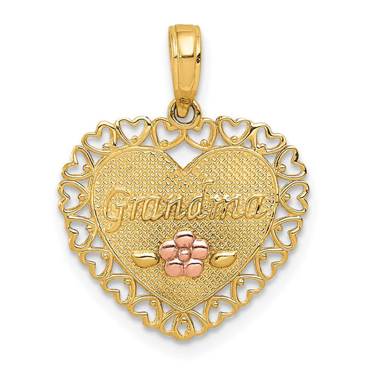 Dije de Corazón "ABUELA" con Flor en Oro de 14k Bicolor