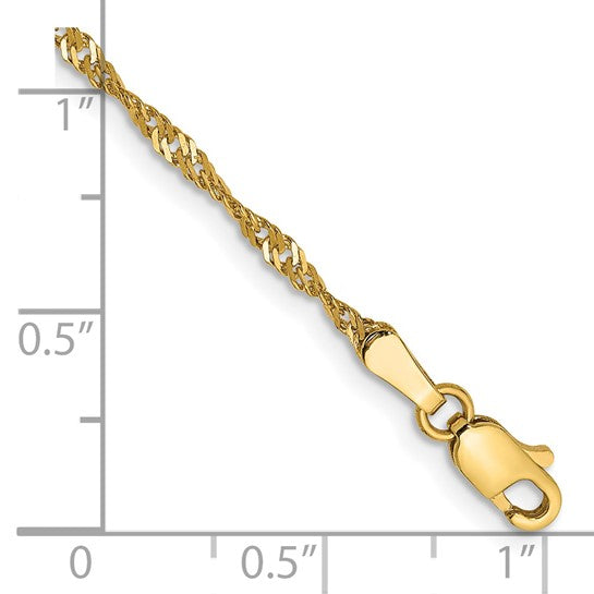 Tobillera de Oro Amarillo de 14K de 10 Pulgadas y 1.7 mm con Cadena Singapore y Cierre de Anilla de Resorte