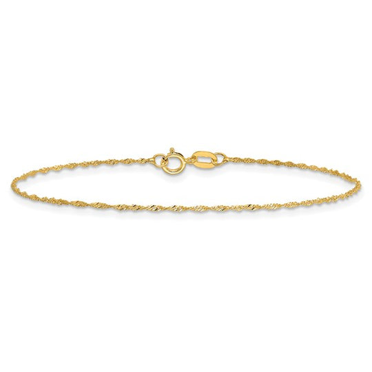 Tobillera de Oro Amarillo de 14K de 9 Pulgadas y 1 mm con Cadena de Estilo Singapore y Cierre de Anilla de Resorte
