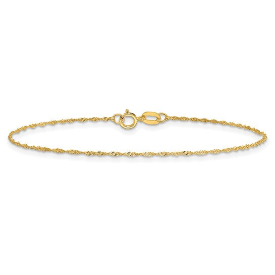 Tobillera 14K de 10 Pulgadas y 1 mm Singapore con Broche de Resorte