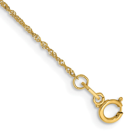 Tobillera de Oro Amarillo de 14K de 9 Pulgadas y 1 mm con Cadena de Estilo Singapore y Cierre de Anilla de Resorte
