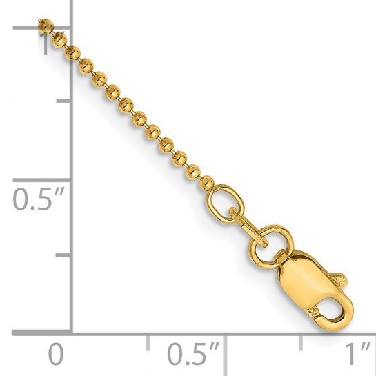 Tobillera de Oro Amarillo de 14K de 10 Pulgadas y 1.2 mm con Cadena de Bolas y Cierre de Langosta
