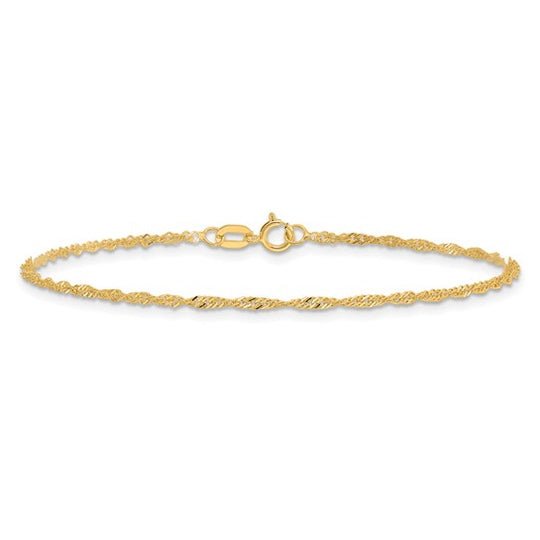 Tobillera de Oro Amarillo de 14K con Cadena Singapore de 9 Pulgadas y Cierre de Anillo de Resorte