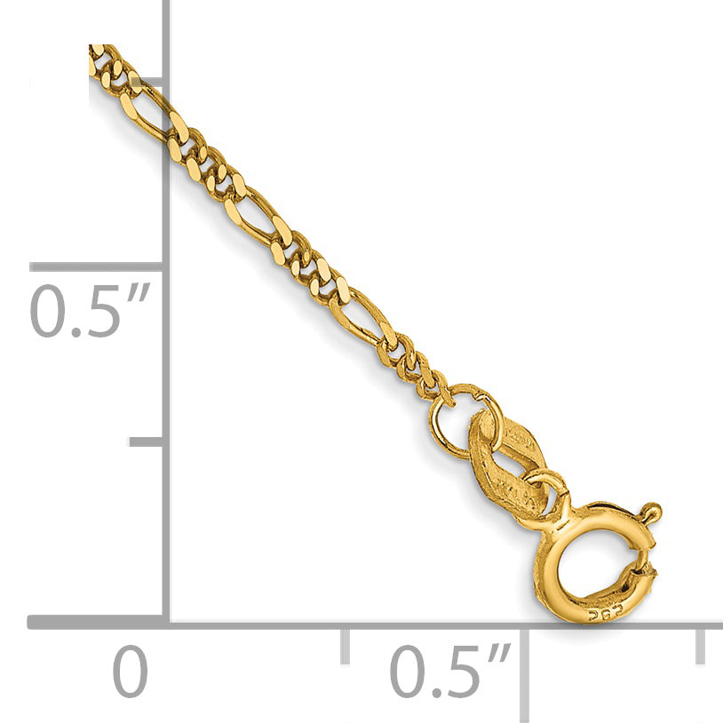 Tobillera de 14K Oro Amarillo de 10 Pulgadas con Figaro Plano de 1.25mm y Cierre de Anillo de Resorte