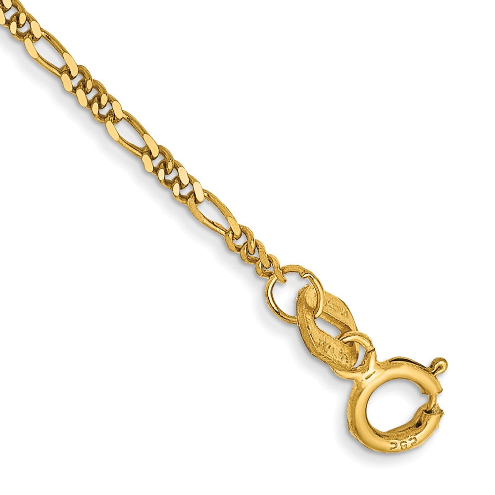 Tobillera de Oro Amarillo de 14K de 9 Pulgadas y 1.25 mm con Cadena Figaro Plana y Cierre de Anilla de Resorte