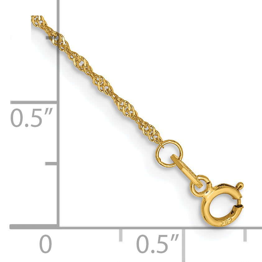 Tobillera de Oro Amarillo de 14K y 10 Pulgadas con Cadena Singapur de 1.1 mm y Broche de Anillo de Resorte