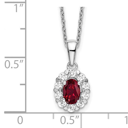 Halo Necklace with Lab Created Ruby and Lab Created Diamond in 14K White Gold