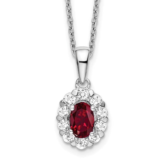 Halo Necklace with Lab Created Ruby and Lab Created Diamond in 14K White Gold