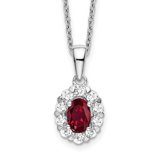 Halo Necklace with Lab Created Ruby and Lab Created Diamond in 14K White Gold