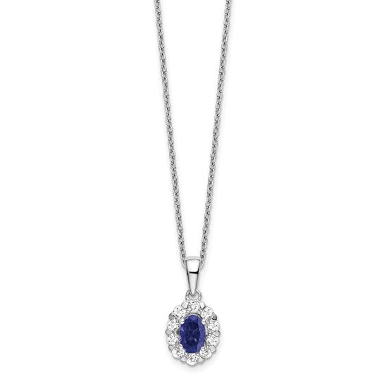 14K White Gold Halo Necklace with Blue Sapphire and Lab Grown Diamonds