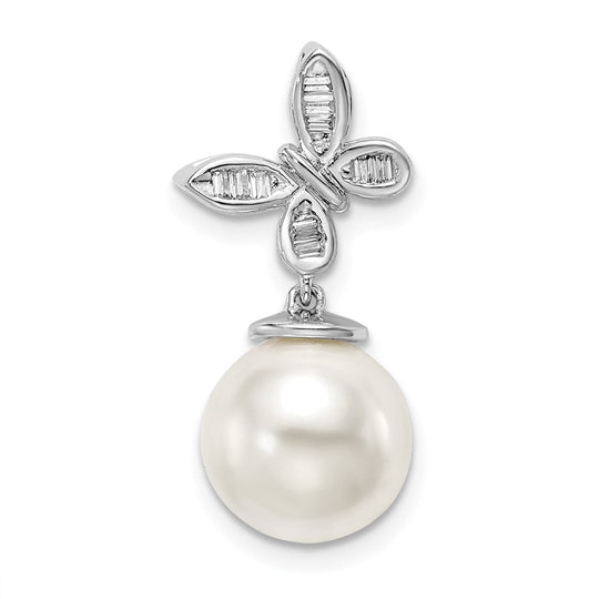14k Oro Blanco FWC Perla y Diamante Mariposa Colgante Deslizante