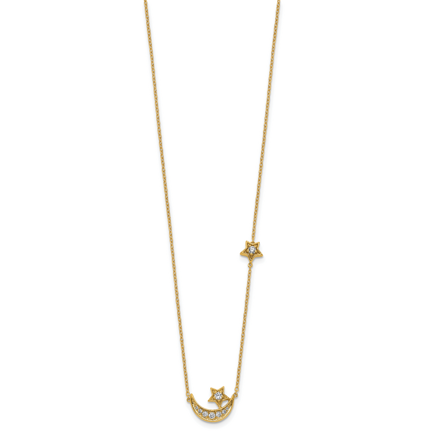 Collar de Luna y Estrella con Diamantes en Oro Amarillo de 14k - 18 Pulgadas