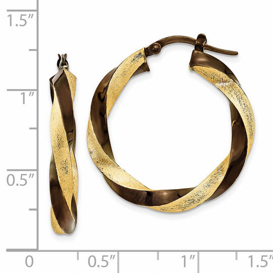 Aretes de Aro Torcido en Oro Amarillo de 14K y Rodio Marrón de 3.75 mm
