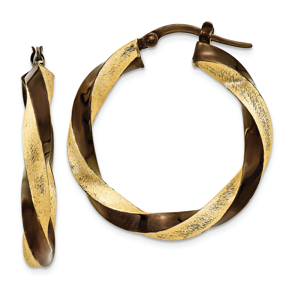 Aretes de Aro Torcido en Oro Amarillo de 14K y Rodio Marrón de 3.75 mm