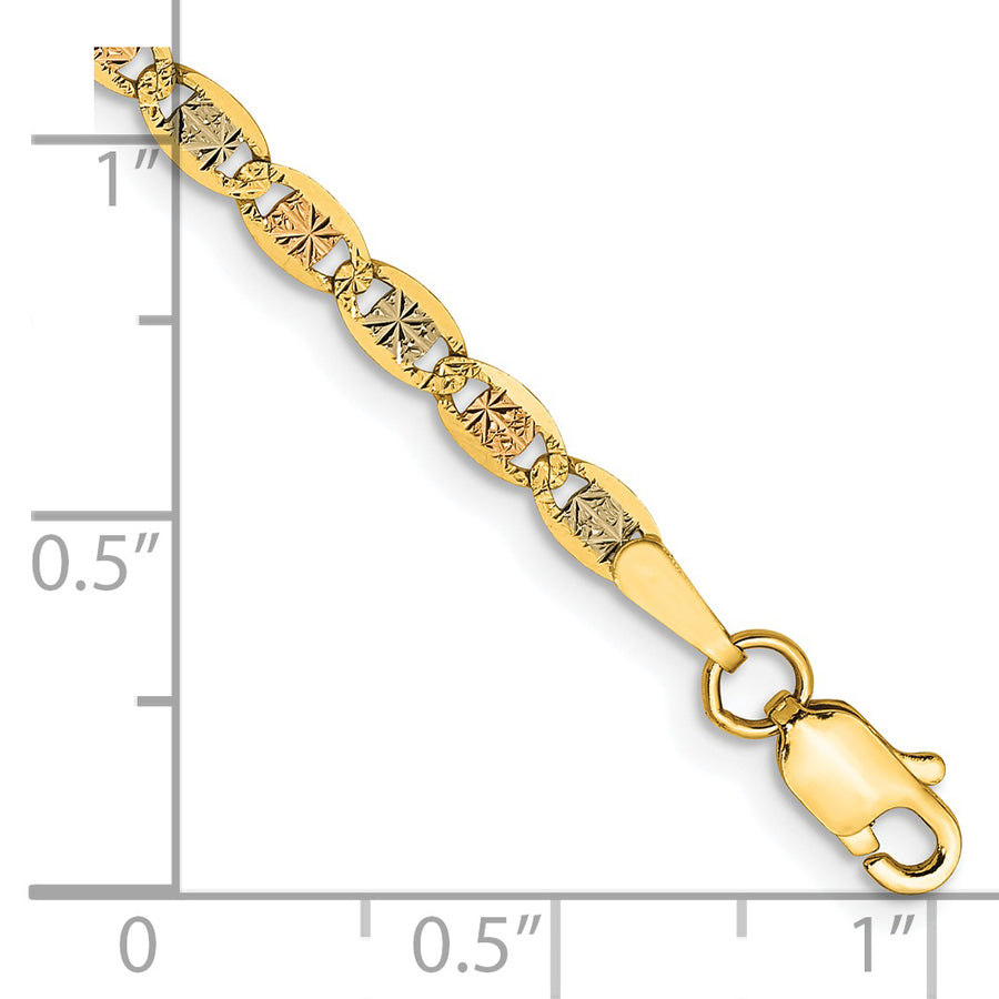 Pulsera de Cadena Tri-color Pavé Valentino de 14k de 7 Pulgadas y 2.75 mm con Cierre de Langosta