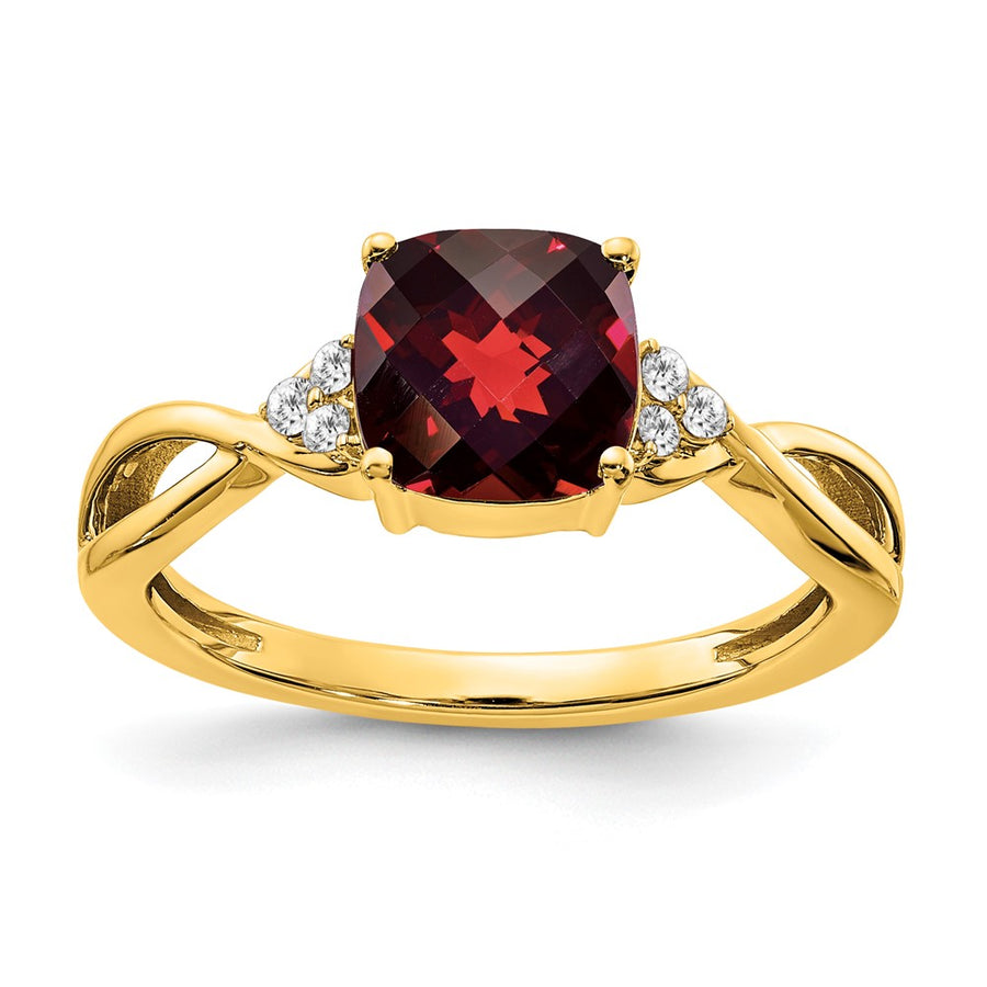 Anillo con Granate y Diamante en Oro Amarillo de 14k con Diseño de Cuadrícula