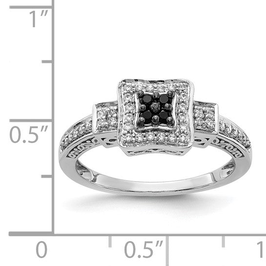 Anillo Cuadrado de Diamantes Blancos y Negros en Oro Blanco de 14k
