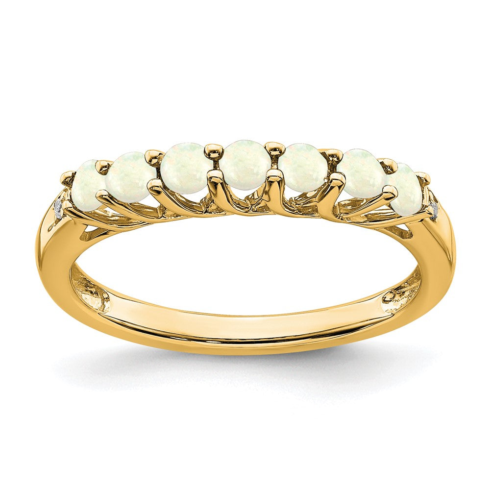 Anillo de 7 Piedras de Ópalo Creado en Laboratorio y Diamante en Oro Amarillo de 14k