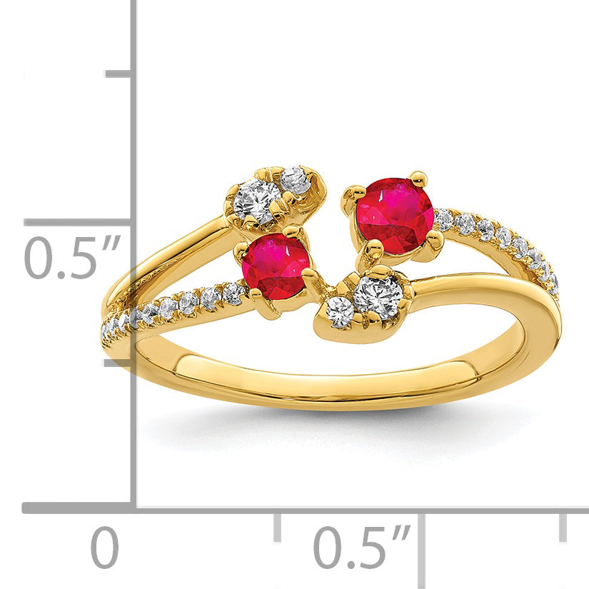 14k Yellow Gold Polished Ring with Rubies and Diamonds (Bypass Design)
