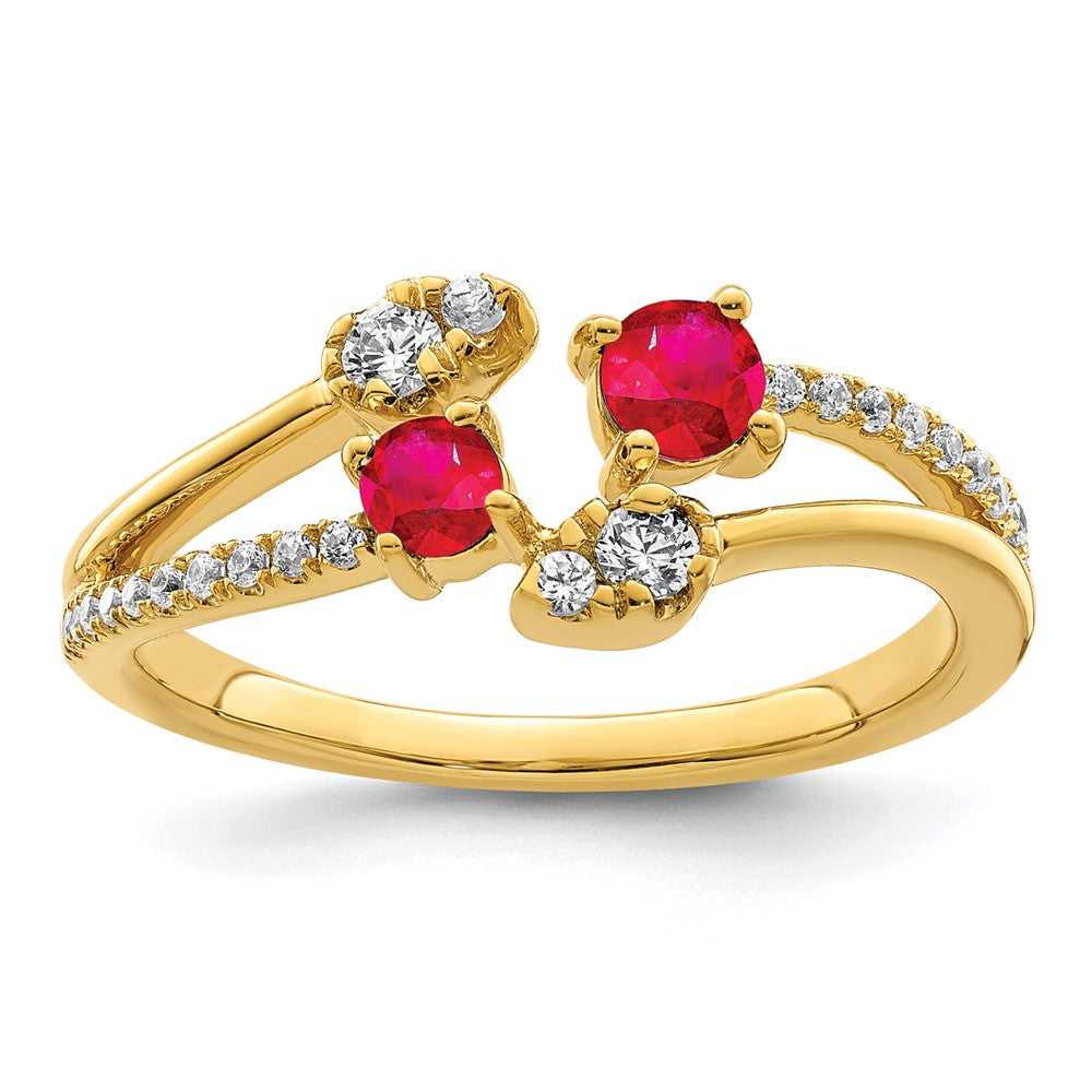 14k Yellow Gold Polished Ring with Rubies and Diamonds (Bypass Design)
