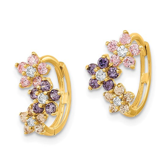 Aretes de Aro con Bisagra y Flores Multicolor de Circonia Cúbica en Oro de 14K – Madi K