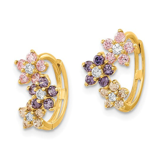 Aretes de Aro con Bisagra y Flores Multicolor de Circonia Cúbica en Oro de 14K – Madi K