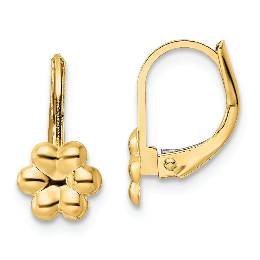 Aretes Tipo Palanca con Flor Pulida Madi K en Oro de 14k