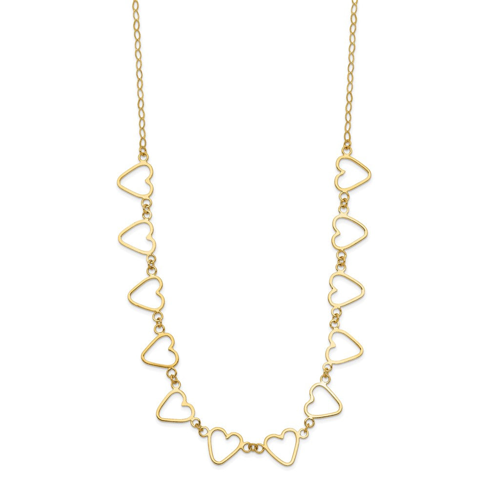 14K Yellow Gold Open Flat Hearts and Oval Cable Chain Necklace 16 inches + 2 inches extension