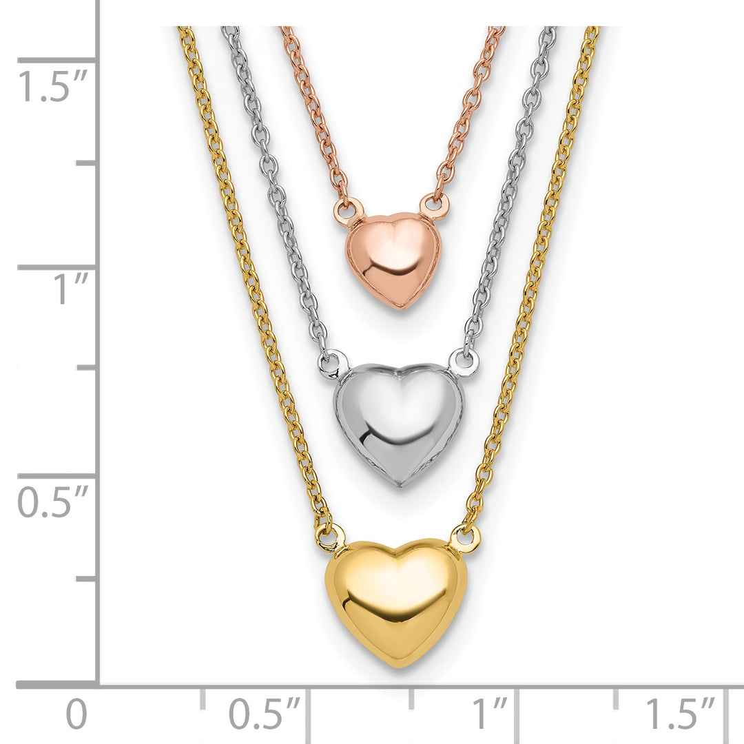 Collar de 14K Tricolor con Tres Corazones y Extensor de 1”Pulgada