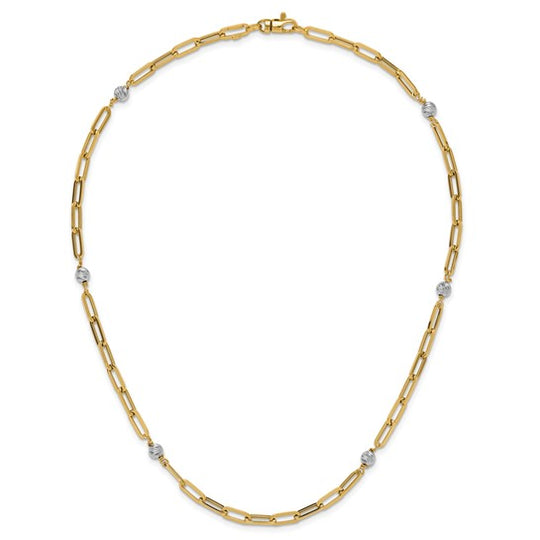 14K Two-Tone Gold Necklace with Polished Beads and Fancy Link - 18 Inches