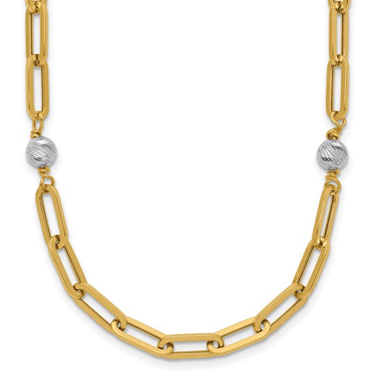 14K Two-Tone Gold Necklace with Polished Beads and Fancy Link - 18 Inches