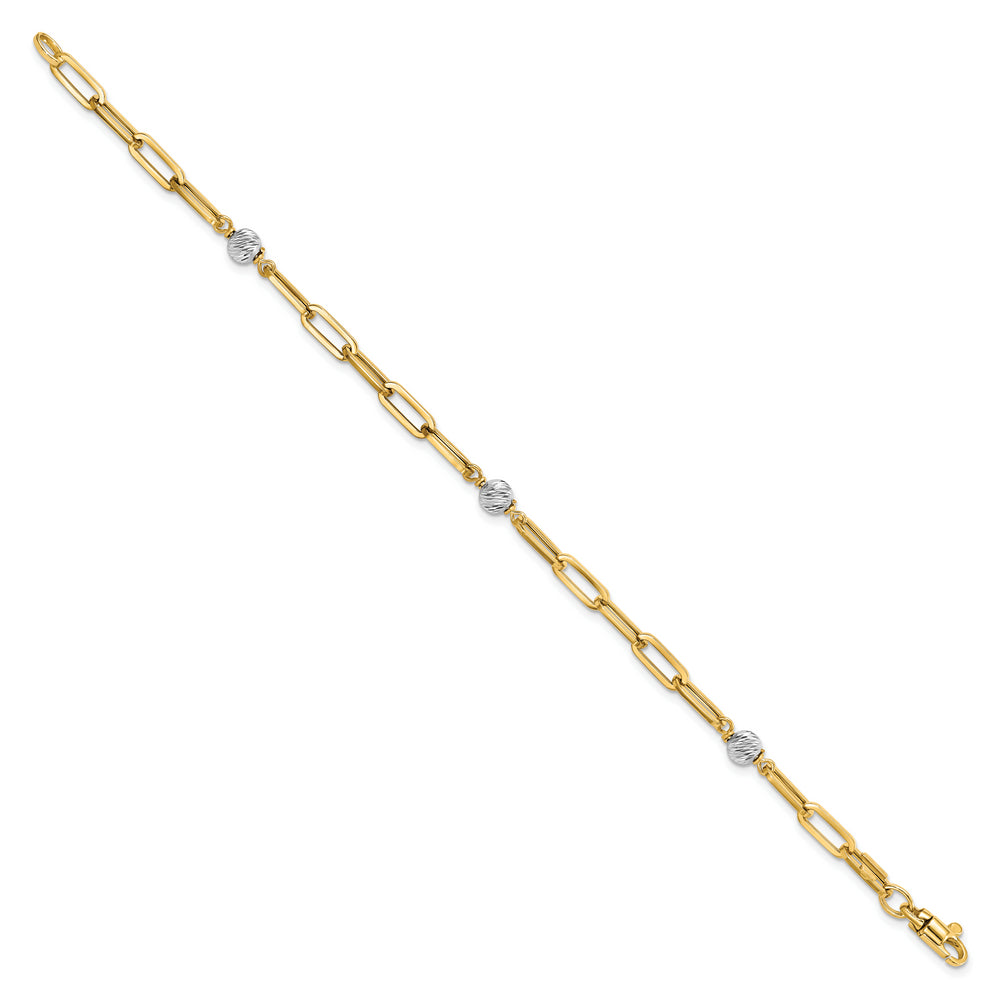 Pulsera 14K Dos Tonos Pulida con Esferas D/C y Enlace Fancy