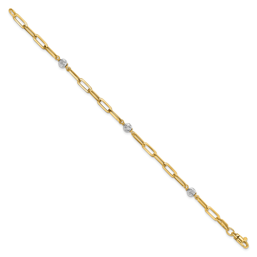 Pulsera 14K Dos Tonos Pulida con Esferas D/C y Enlace Fancy