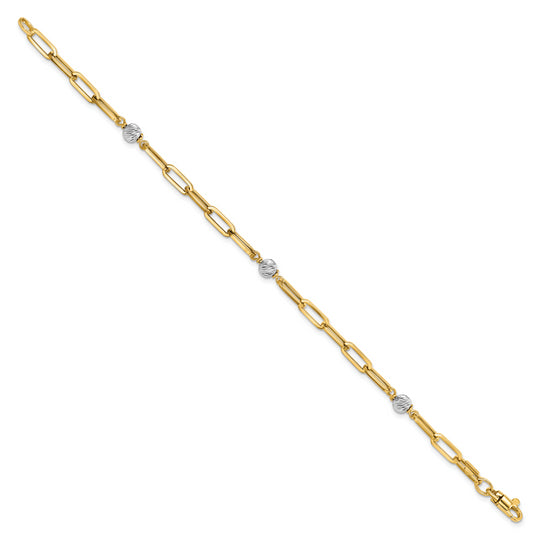 Pulsera 14K Dos Tonos Pulida con Esferas D/C y Enlace Fancy