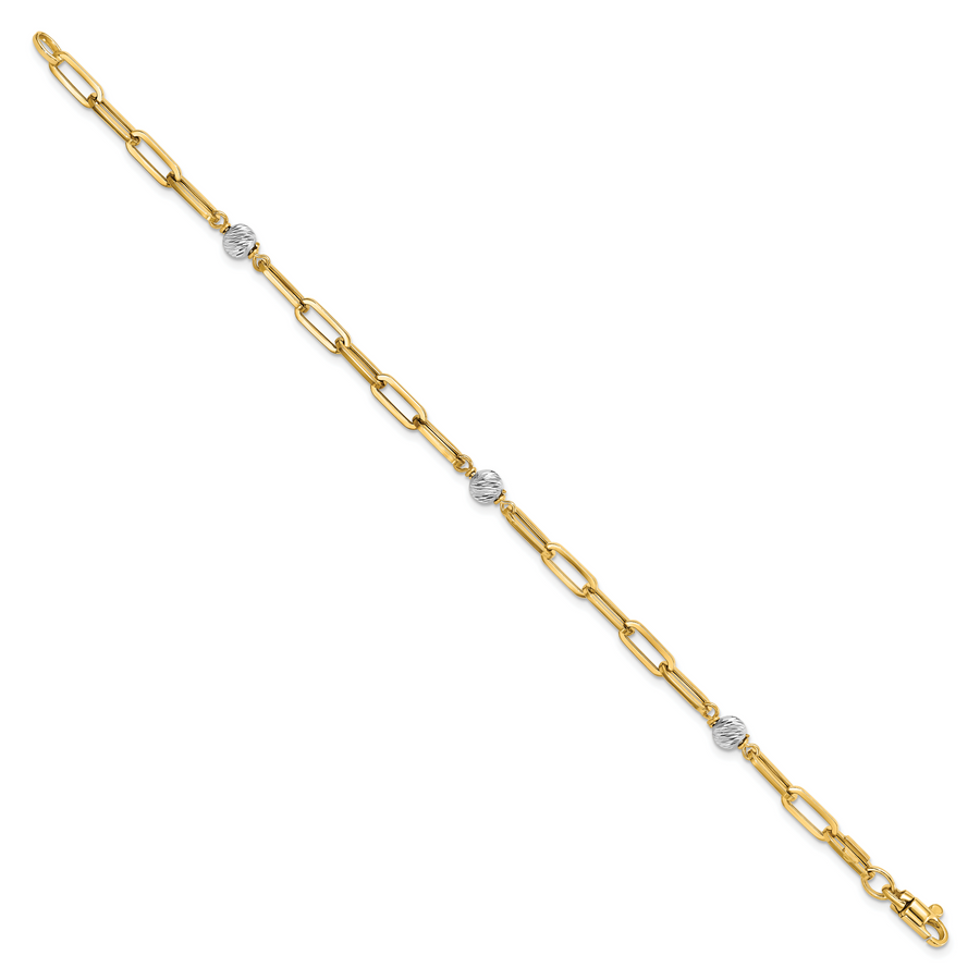 Pulsera 14K Dos Tonos Pulida con Esferas D/C y Enlace Fancy
