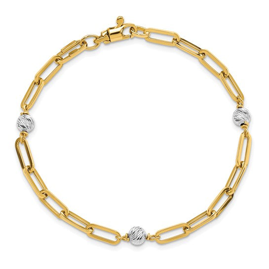 Pulsera 14K Dos Tonos Pulida con Esferas D/C y Enlace Fancy