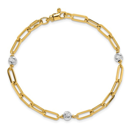 Pulsera 14K Dos Tonos Pulida con Esferas D/C y Enlace Fancy