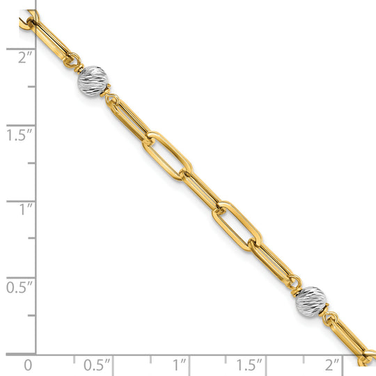 Pulsera 14K Dos Tonos Pulida con Esferas D/C y Enlace Fancy
