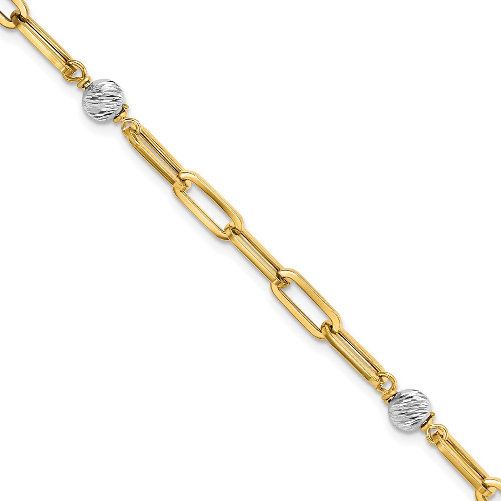 Pulsera 14K Dos Tonos Pulida con Esferas D/C y Enlace Fancy