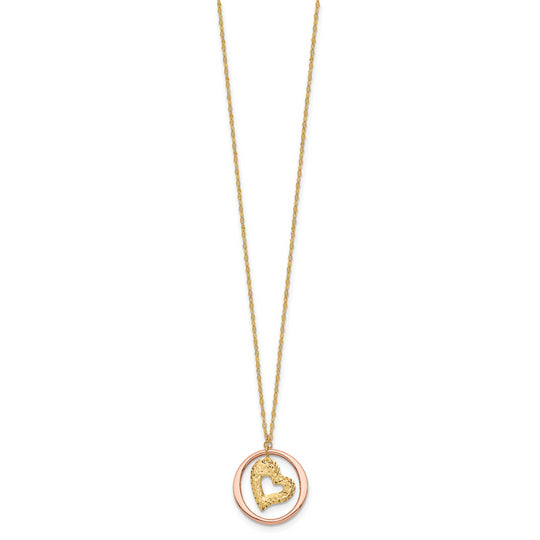 Collar de 14K Bicolor con Corazón en Círculo Abierto y Cadena de Eslabones Fancy